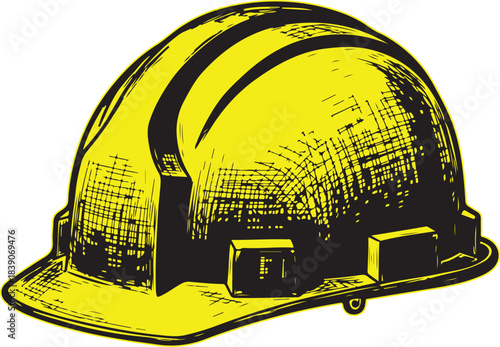 Vibrant yellow construction safety hard hat illustration in a detailed handdrawn sketch style vector graphic for industrial worker protection
