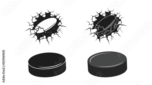 Illustration of two black pucks and two cracked hole effects on a white background.