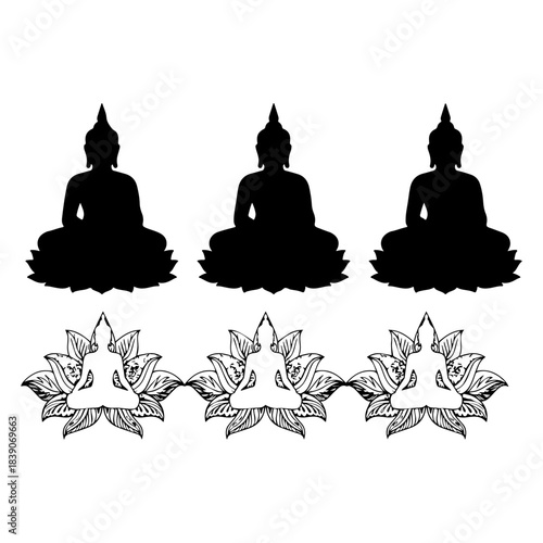 Inner love, light and peace. Buddha silhouette in lotus position over ornate mandala. Vector illustration in gold isolated. Buddhism esoteric motifs.