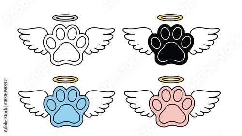 Four pet paw prints with angel wings and halos in black, white, blue, and pink on a white background.