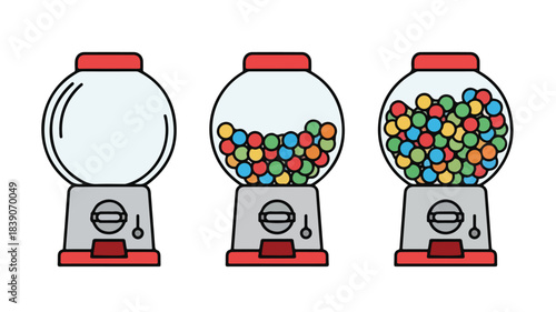 Colorful illustration of three gumball machines with varying levels of colorful balls, set against a plain white background.