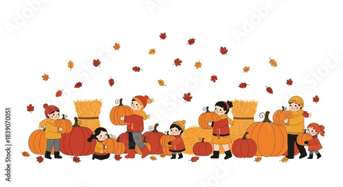 Children gathering pumpkins during autumn harvest season with falling leaves and hay bales.
