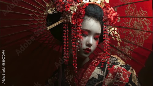 Artistic Portrait of Maiko with Red Umbrella in Dark