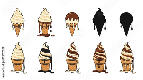 Flat lay of various ice cream cones with different flavors and toppings against a clean white background.