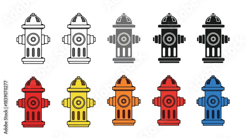 Colorful flat lay of various fire hydrant icons in different colors on a white background.