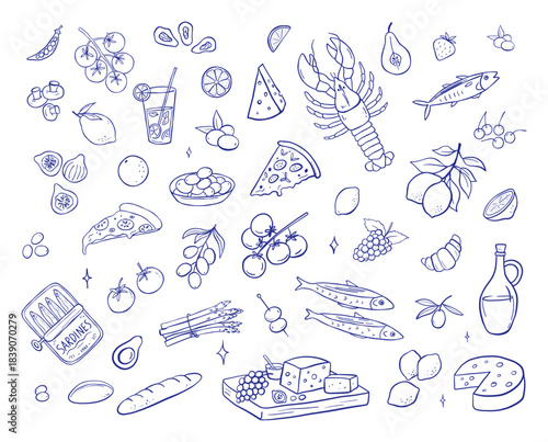 Mediterranean food collection with strawberry, seafood, lemon and pizza slice, line set. Vintage hand drawn sketch perfect for menu or picnic party designs in Greek style