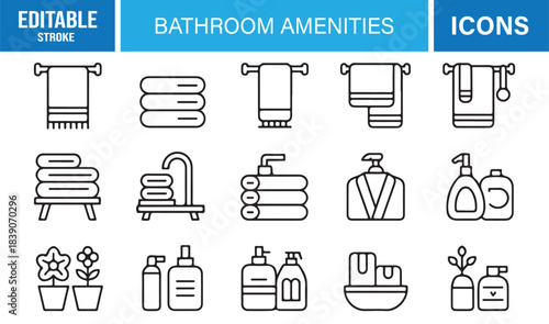 Comprehensive Bathroom Amenities Icon Pack Showing Robes, Soap Bottles, Lotion Dispensers, Spa Items, Cleaning Containers, and Hygiene Symbols