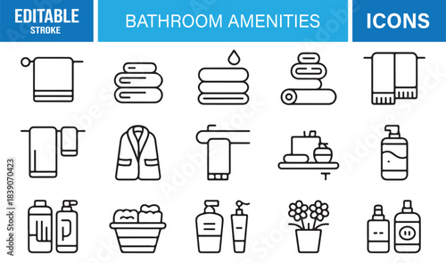 Clean Bathroom Amenities Symbol Collection Featuring Toiletry Items, Towels, Dispensers, Shampoo Containers, and Spa Elements