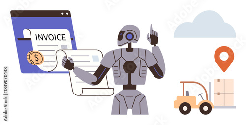 Robot processing digital invoices, shipments, and logistics in an automated cloud-based system. Ideal for AI, automation, logistics, fintech, e-commerce innovation digital efficiency themes. Simple