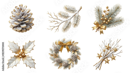 Beautiful set of six Christmas decorations in elegant white and gold, featuring a frosted pinecone, festive wreath, holly, fir branches, berries, and golden stars