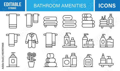 Vector Icon Set Depicting Bathroom Essentials Including Towels, Robes, Soap, Toiletries, Lotion Bottles, and Personal Hygiene Tools