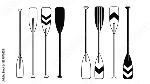 A set of black and white illustrations of various oars and paddles with different designs on a plain white background.