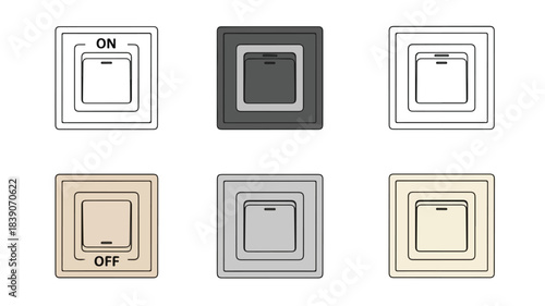 Collection of six light switch icons in various metallic colors and on/off positions against a plain white background.