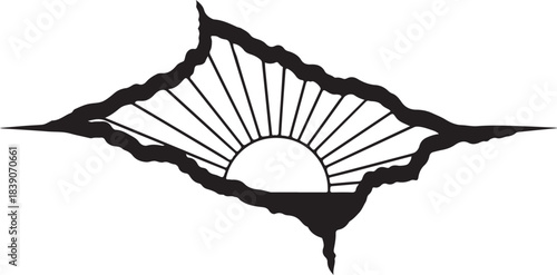 Abstract Sunburst Emerging from Jagged Opening Keywords: sunburst, sunrise, sunset, rays, light