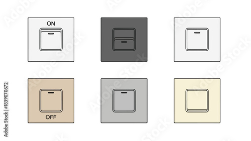 Graphic illustration of six different light switch designs in various colors on a white background.