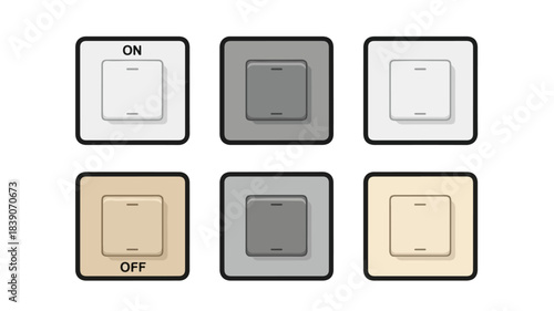 Flat lay of six different light switch plates in various colors and designs on a plain white background.