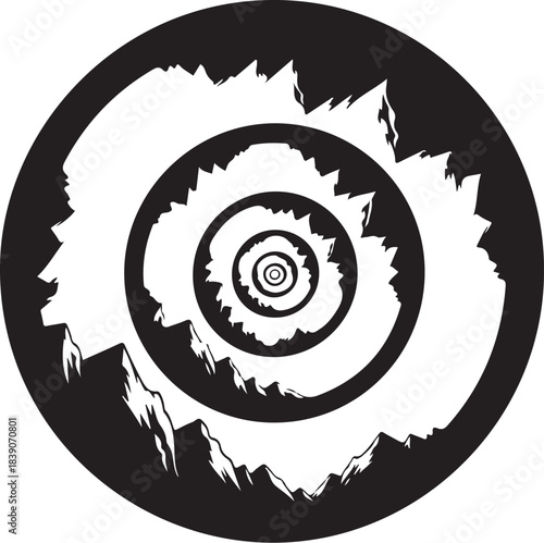 Black and white abstract circular mountain landscape vortex Keywords: abstract, art, black and