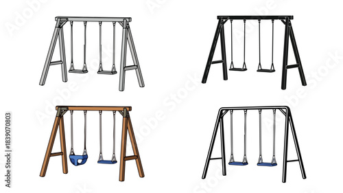 Four different colored swing sets with two swings each, isolated on a white background, perfect for children's play areas.
