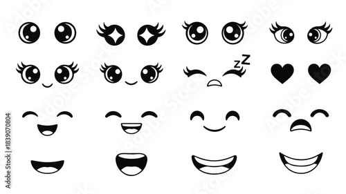 Collection of various cartoon-style facial expressions and emojis on a white background with black outlines.