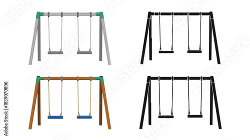 Four different swing sets in various colors, isolated on a white background, depicting playground equipment for children's recreation.