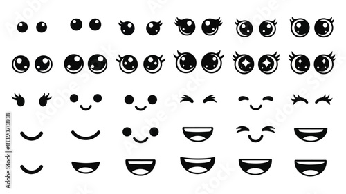 Collection of cute cartoon eyes and mouths for creating various facial expressions and emotions.