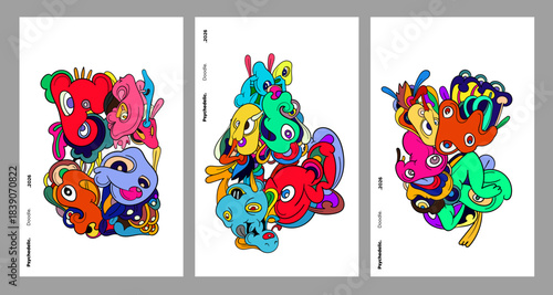 Abstract colorful doodle art design, psychedelic cartoon, pattern seamless background texture vector