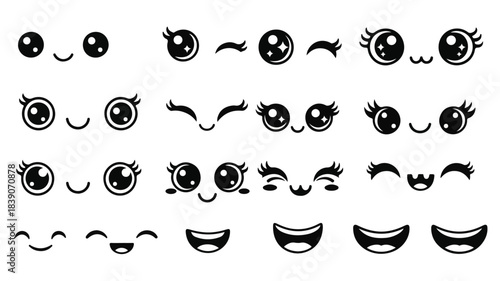 A collection of various cute cartoon eyes and smiling mouths in black and white, suitable for creating kawaii facial expressions.