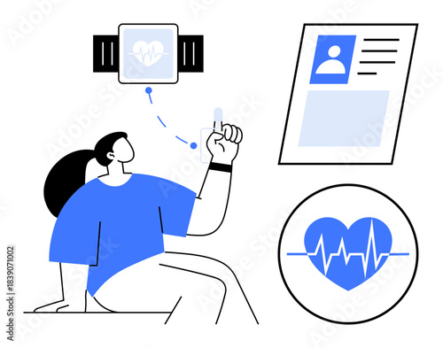 Health monitoring concept. Health tracking devices syncing fitness data with personalized medical records. Health apps enhance fitness tracking, heart rate monitoring, and wellness management. Ideal