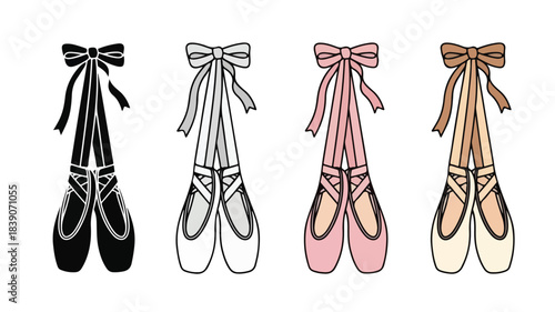 A set of four cartoon-style ballet shoes in black, white, pink, and beige with ribbons, against a clean white background.