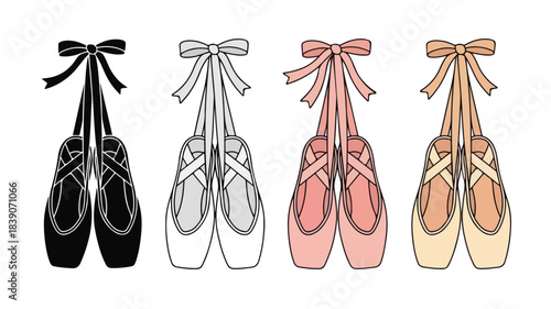 Four pairs of ballet pointe shoes in black, white, pink, and nude colors, tied with ribbons, displayed in a row.