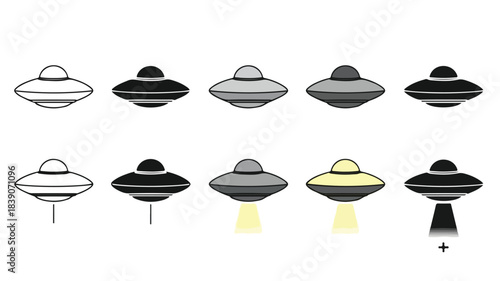 A collection of ten flying saucer icons in various styles, including white, black, and grey, with some depicting light beams or tractor beams.