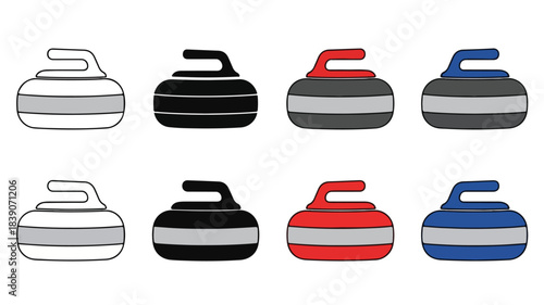 Eight curling stones in various colors including white, black, red, and blue, with grey bands and matching handles, arranged in two rows.