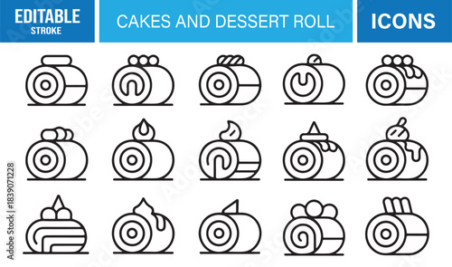 Stylish Minimal Icons for Dessert Rolls Featuring Cream Swirls, Pastries, Bakery Treats, Sweet Foods, and Dessert Shapes