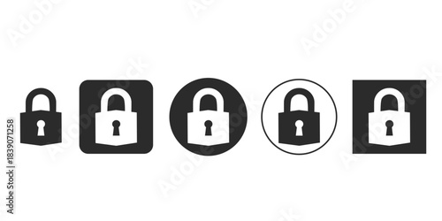 Set of five unlocked security padlock icons for UI design | Open keyhole safety sign vector illustration | Different shapes of black and white access granted symbols | Flat graphic design element
