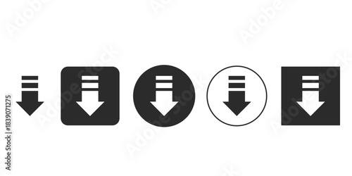Flat design UI download icon set with multiple shapes | Black and white digital menu download button symbol | Multiple variations of user interface element for saving files 