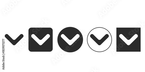 Minimalist black down arrow icon set for UI design | Vector chevron navigation symbol variations for websites | Dropdown expand collapse indicator glyphs collection | Scroll down button pointer icon