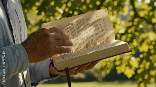 A persons hands turn the page of an open book while standing outdoors with a soft-focus background of sunlit leaves