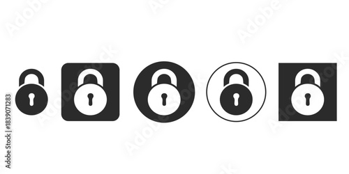 Digital security padlock icons vector collection for web design | Black and white UI UX lock symbol set for privacy and protection | Closed padlock glyphs illustrating data safety and access control