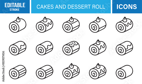 Modern Outline Dessert Roll Icon Pack Showing Pastries, Cream-Topped Cakes, Sweet Rolls, Baking Items, and Confectionery Symbols
