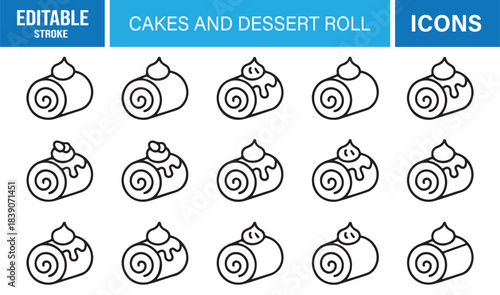 Minimal Line Icons of Cakes and Dessert Rolls Featuring Cream Swirls, Pastry Rolls, Sweet Treats, and Bakery Dessert Forms