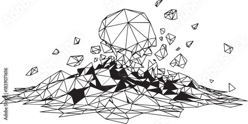 Exploding geometric mountain with debris explosion
