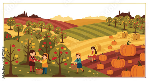 Children picking apples and pumpkins in a beautiful autumn orchard scene.