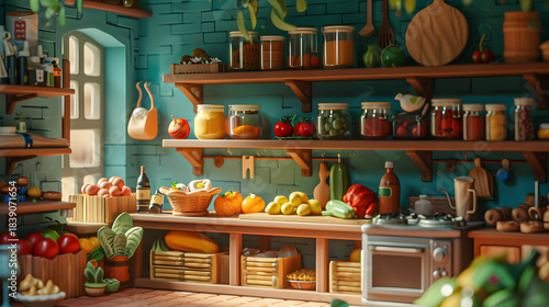 Fototapeta Naklejka Na Ścianę i Meble -  3d isometric low-poly clay pantry room shelves