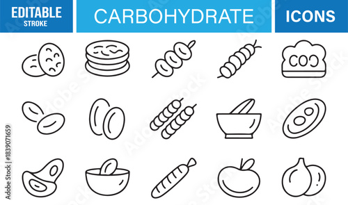 Clean Carbohydrate Symbol Collection Featuring Fruits, Grains, Roots, Sugary Items, Beans, Seeds, and Natural Nutrition Icons