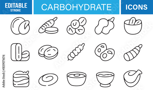 Vector Icon Set Depicting Dietary Carbs Including Starches, Seeds, Bananas, Cereals, Pastries, Tubers, and Food Ingredients