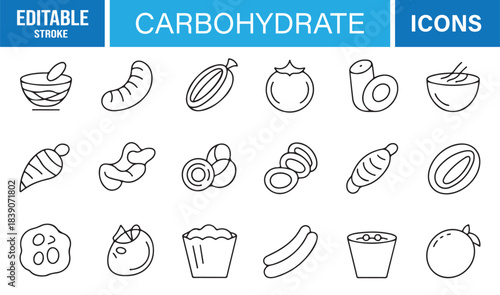 Modern Outline Carbohydrate Icon Pack Showing Bread, Beans, Grains, Tubers, Sugary Foods, Fruits, and Nutrition Elements