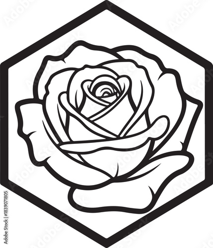 Line art rose inside a hexagon on white background Keywords: rose, flower, floral, bloom, petal