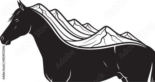 Silhouette of Horse with Mountain Range Mane animal