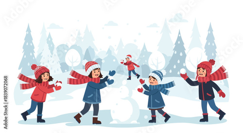 Children playing in the snow enjoying a winter snowball fight outdoors.