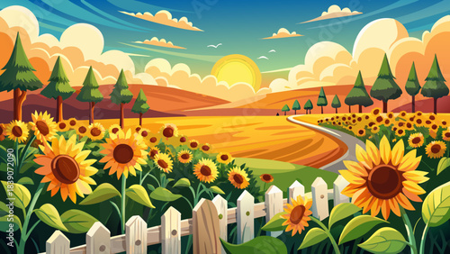 Very beautiful bright sunflower field stretching behind a charming white picket fence under warm sunlight, forming a cheerful rural landscape filled with vibrant yellow petals and open-sky summer atmo